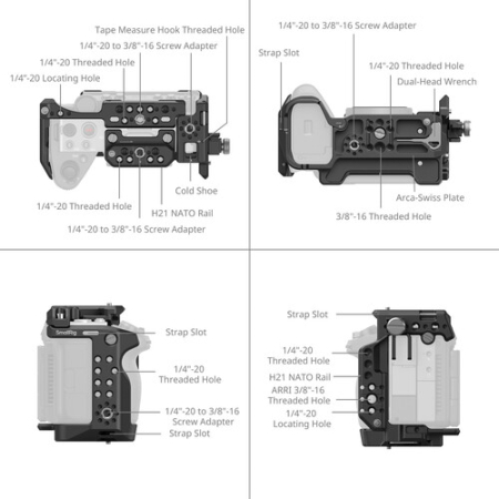 SmallRig 6775 - zaawansowana klatka do Sony FX5 z uchwytem górnym, paskiem na rękę, zaciskiem pręta 15mm i adapterem PL-E - szczegóły klatki